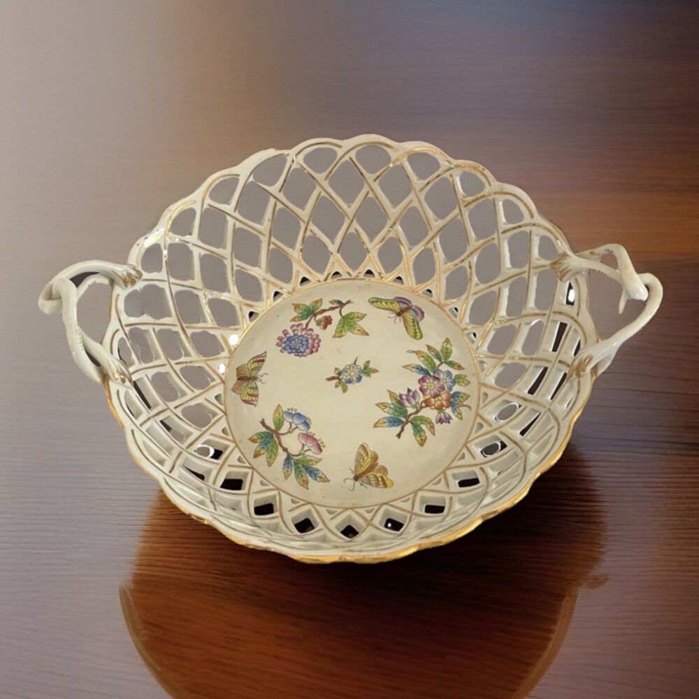 Herend Queen Victoria Open Weave Reticulated Basket Bowl 10” Hand Painted 7401